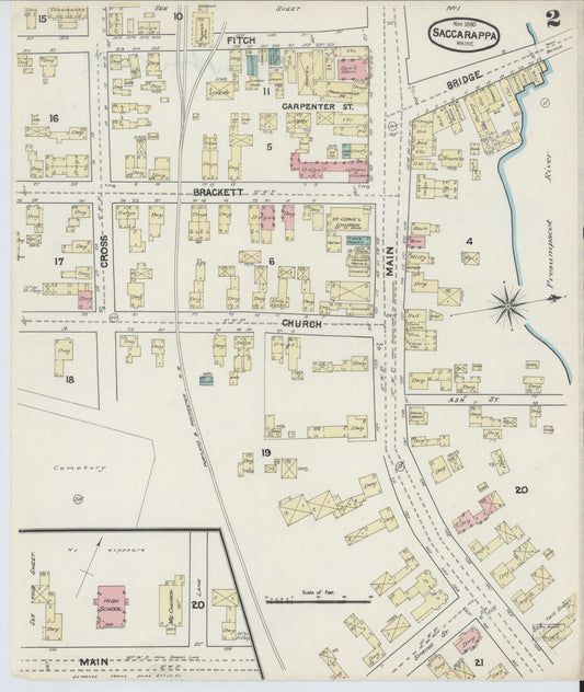 Sanborn Fire Insurance Map from Saccarappa, Cumberland County, Maine (1890), Sheet #0002 - Historic Sanborn Fire Insurance Map Print, vintage old map wall art, antique decor, genealogy gift, Maine Maine map