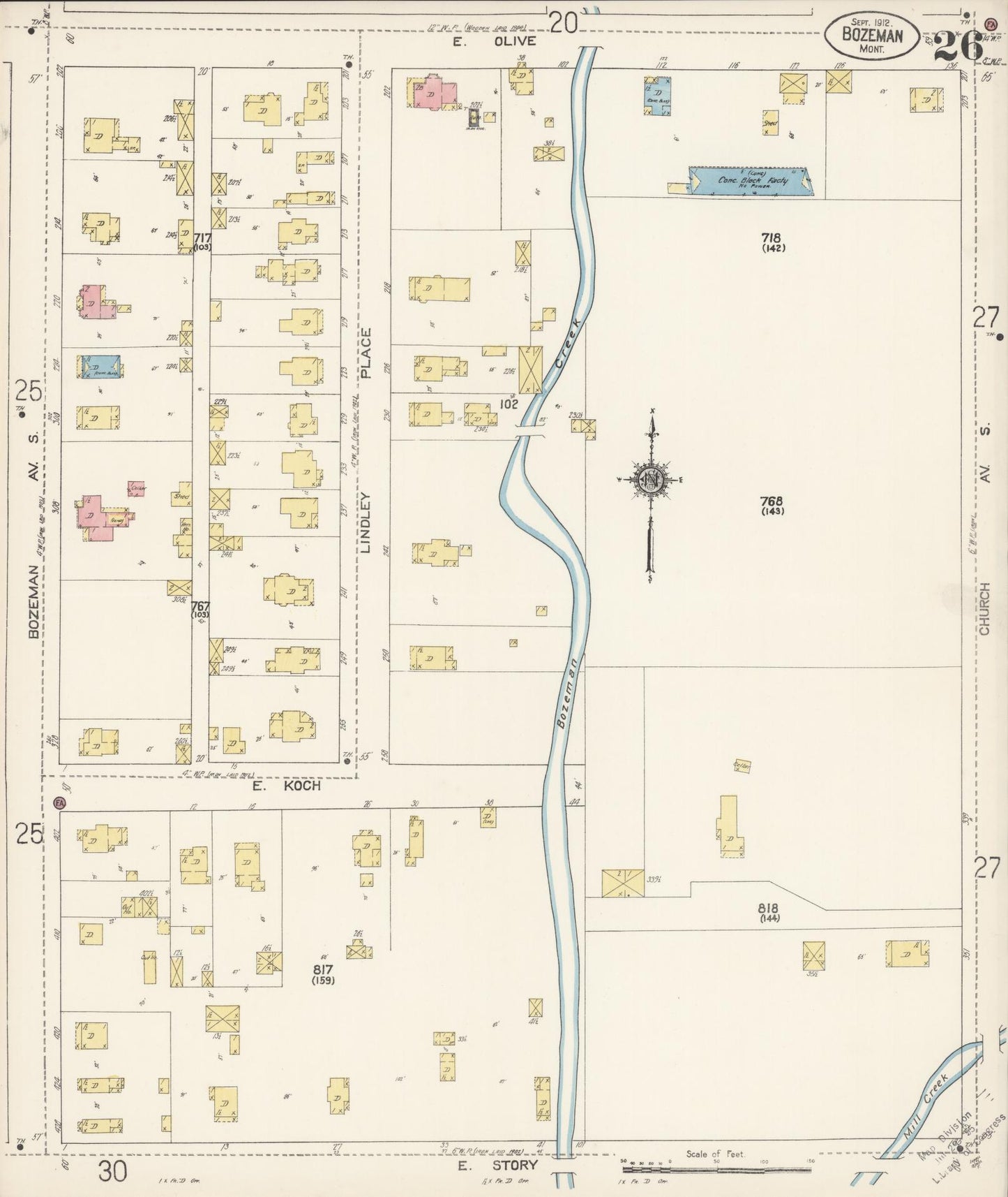 Sanborn Fire Insurance Map from Bozeman, Gallatin County, Montana (1912), Sheet #0026 - Historic Sanborn Fire Insurance Map Print, vintage old map wall art, antique decor, genealogy gift, Montana Montana map