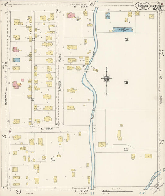 Sanborn Fire Insurance Map from Bozeman, Gallatin County, Montana (1912), Sheet #0026 - Historic Sanborn Fire Insurance Map Print, vintage old map wall art, antique decor, genealogy gift, Montana Montana map