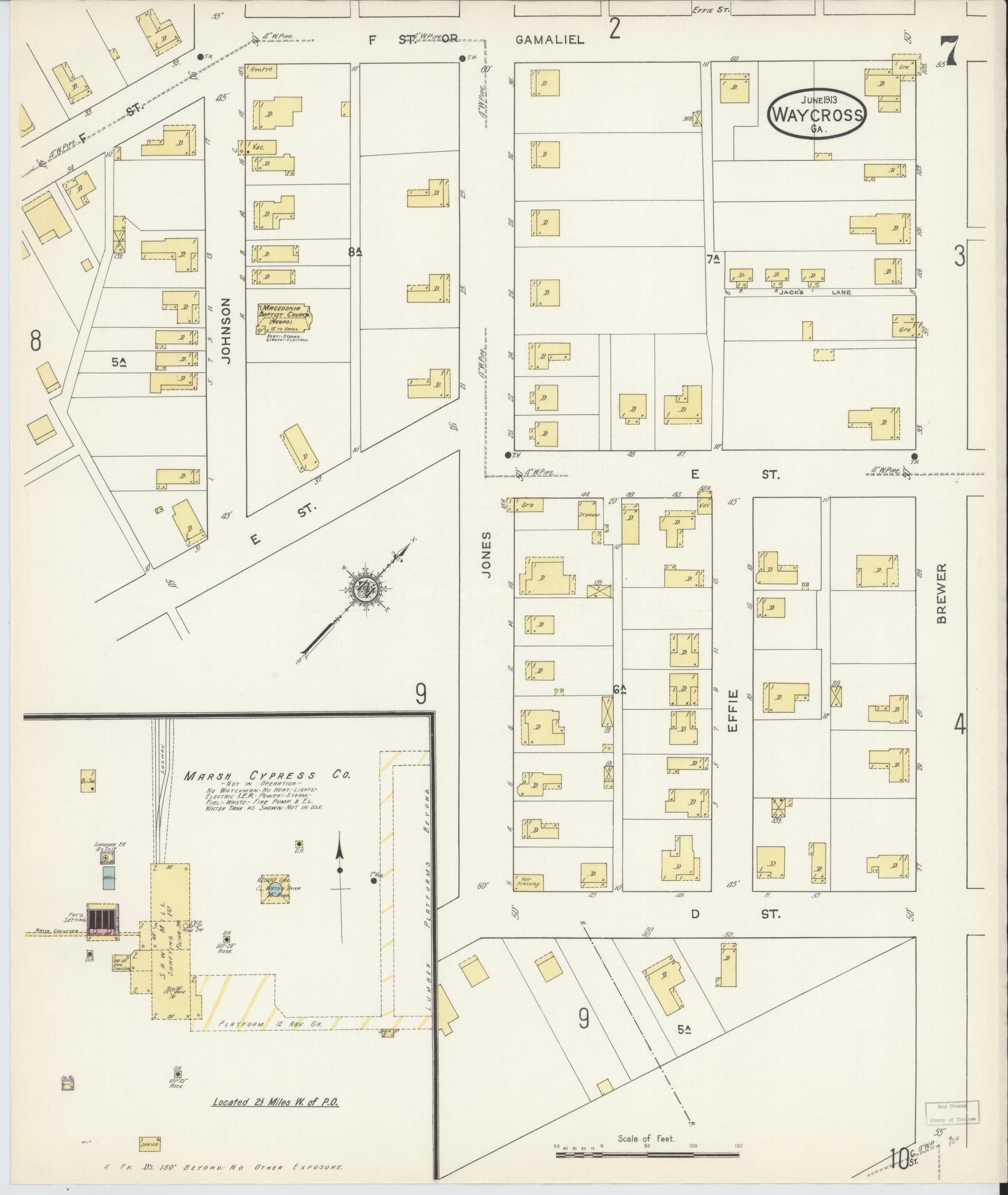 Sanborn Fire Insurance Map from Waycross, Ware County, Georgia (1913), Sheet #0007 - Complete Map Set gallery image, historic Sanborn map, vintage wall art, Georgia Georgia
