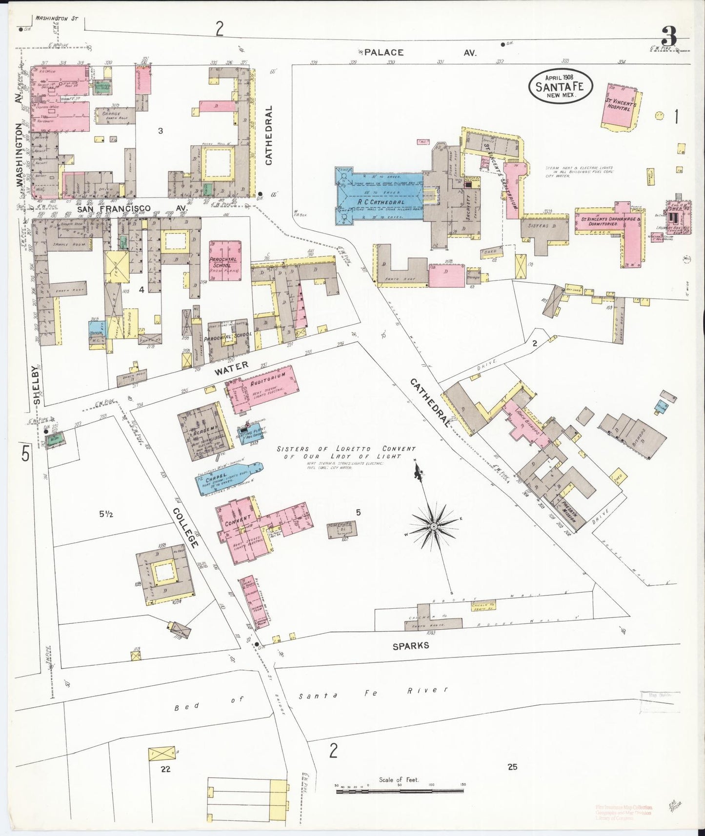 Sanborn Fire Insurance Map from Santa Fe, Santa Fe County, New Mexico (1908), Sheet #0003 - Historic Sanborn Fire Insurance Map Print, vintage old map wall art, antique decor, genealogy gift, New Mexico New Mexico map