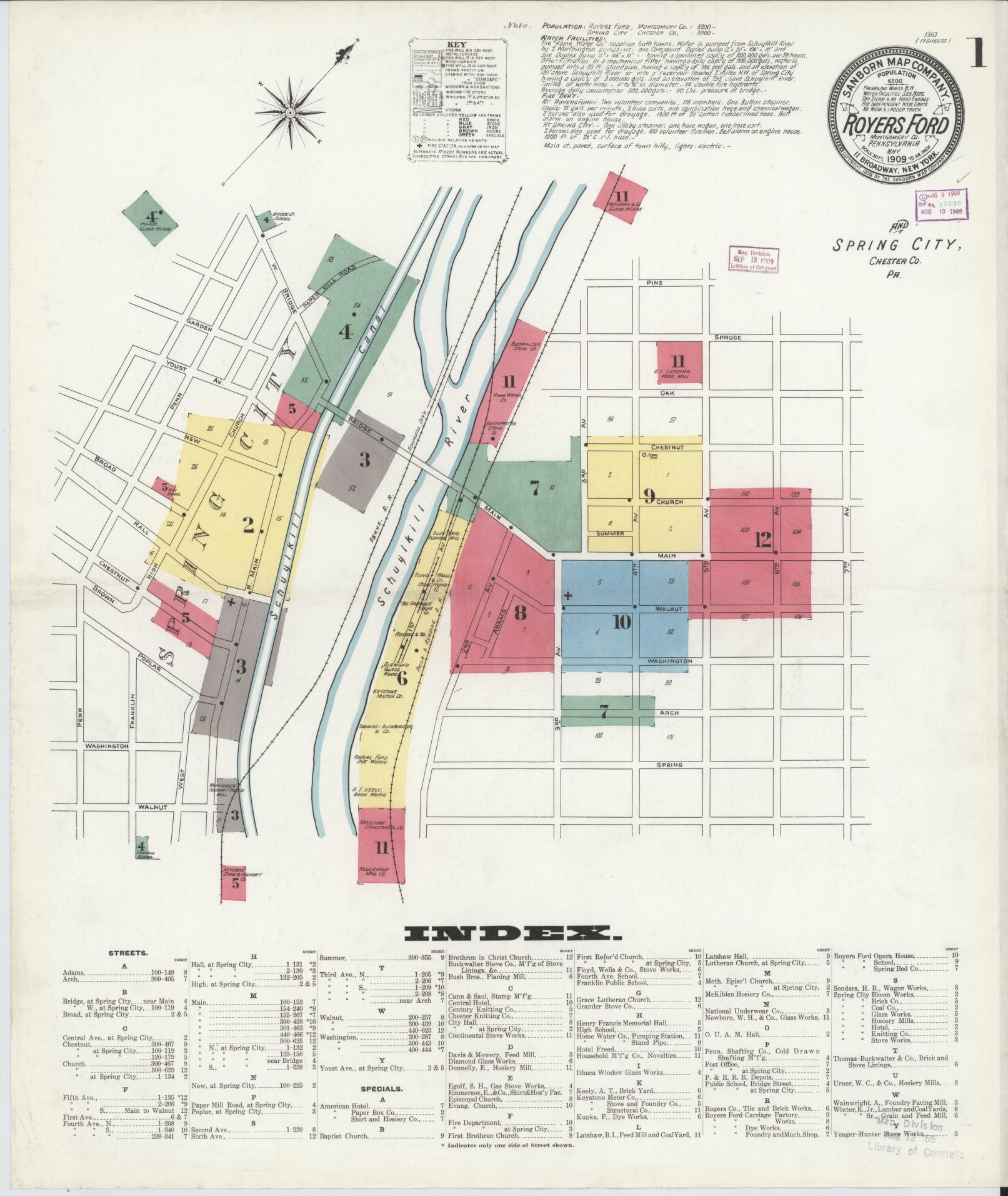 Sanborn Fire Insurance Map from Royersford, Montgomery County, Pennsylvania (1909), Sheet #0001 - Complete Map Set gallery image, historic Sanborn map, vintage wall art, Pennsylvania Pennsylvania