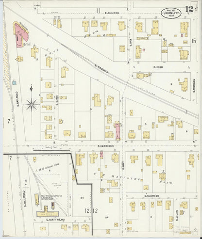 Sanborn Fire Insurance Map from Union City, Obion County, Tennessee (1907), Sheet #0012 - Complete Map Set gallery image, historic Sanborn map, vintage wall art, Tennessee Tennessee