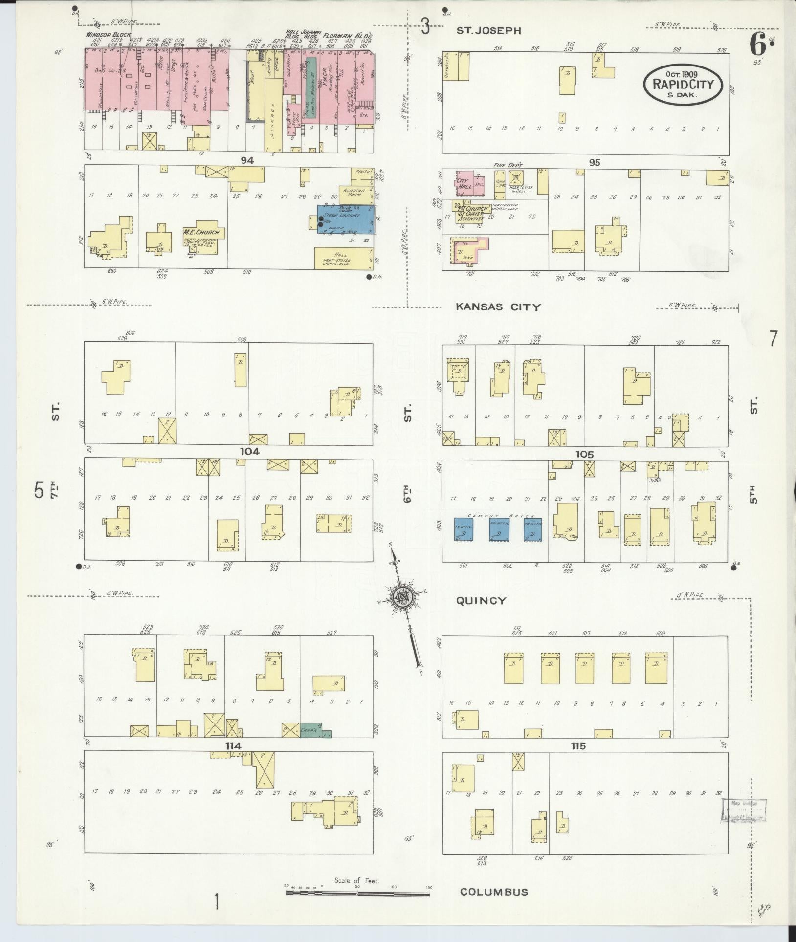 Sanborn Fire Insurance Map from Rapid City, Pennington County, South Dakota (1909), Sheet #0006 - Historic Sanborn Fire Insurance Map Print, vintage old map wall art, antique decor, genealogy gift, South Dakota South Dakota map