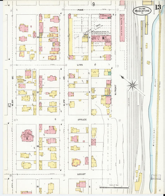Sanborn Fire Insurance Map from Muscatine, Muscatine County, Iowa (1905), Sheet #0013 - Historic Sanborn Fire Insurance Map Print, vintage old map wall art