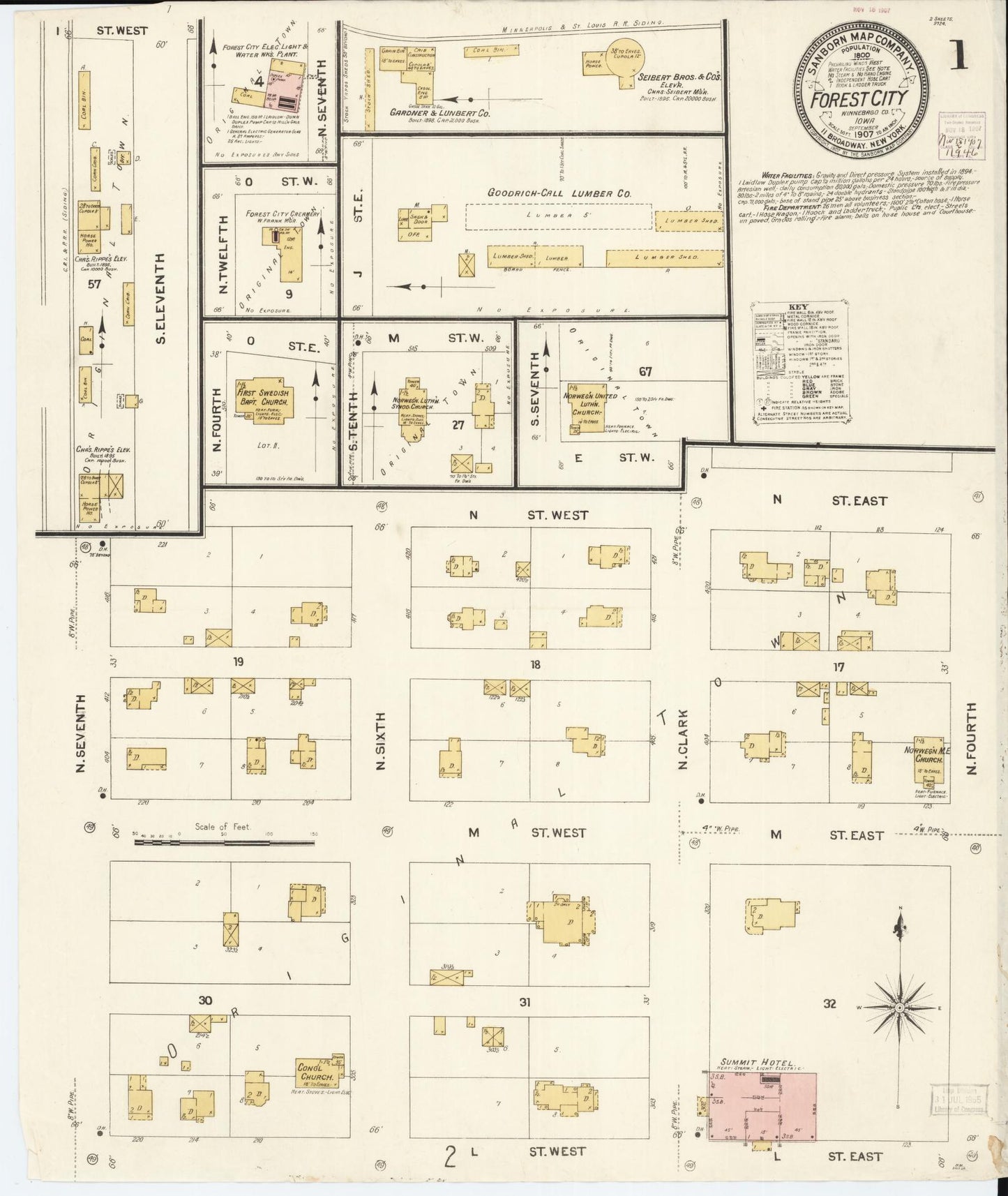 Sanborn Fire Insurance Map from Forest City, Winnebago County, Iowa (1907), Sheet #0001 - Historic Sanborn Fire Insurance Map Print, vintage old map wall art