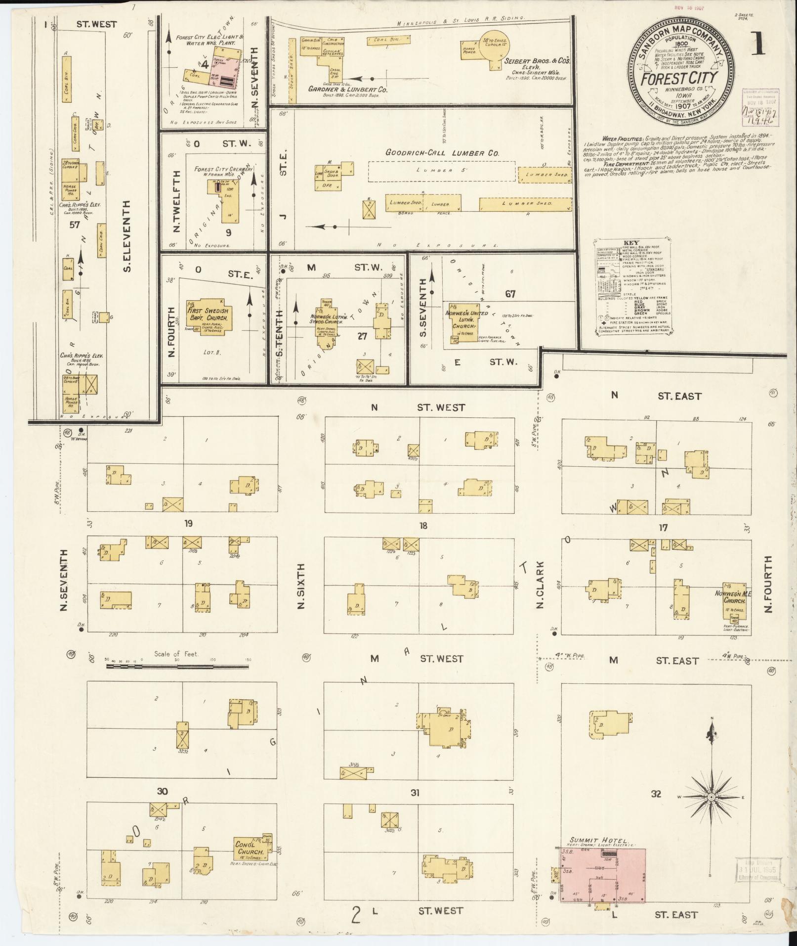 Sanborn Fire Insurance Map from Forest City, Winnebago County, Iowa (1907), Sheet #0001 - Historic Sanborn Fire Insurance Map Print, vintage old map wall art