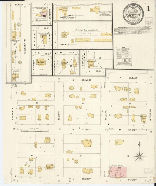 Sanborn Fire Insurance Map from Forest City, Winnebago County, Iowa (1907), Sheet #0001 - Historic Sanborn Fire Insurance Map Print, vintage old map wall art