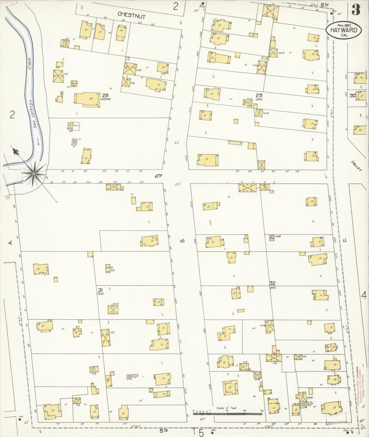 Sanborn Fire Insurance Map from Hayward, Alameda County, California (1907), Sheet #0003 - Complete Map Set gallery image, historic Sanborn map, vintage wall art, California California