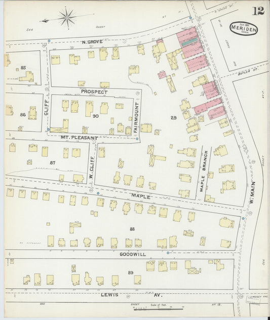Sanborn Fire Insurance Map from Meriden, New Haven County, Connecticut (1891), Sheet #0012 - Historic Sanborn Fire Insurance Map Print, vintage old map wall art, antique decor, genealogy gift, Connecticut Connecticut map