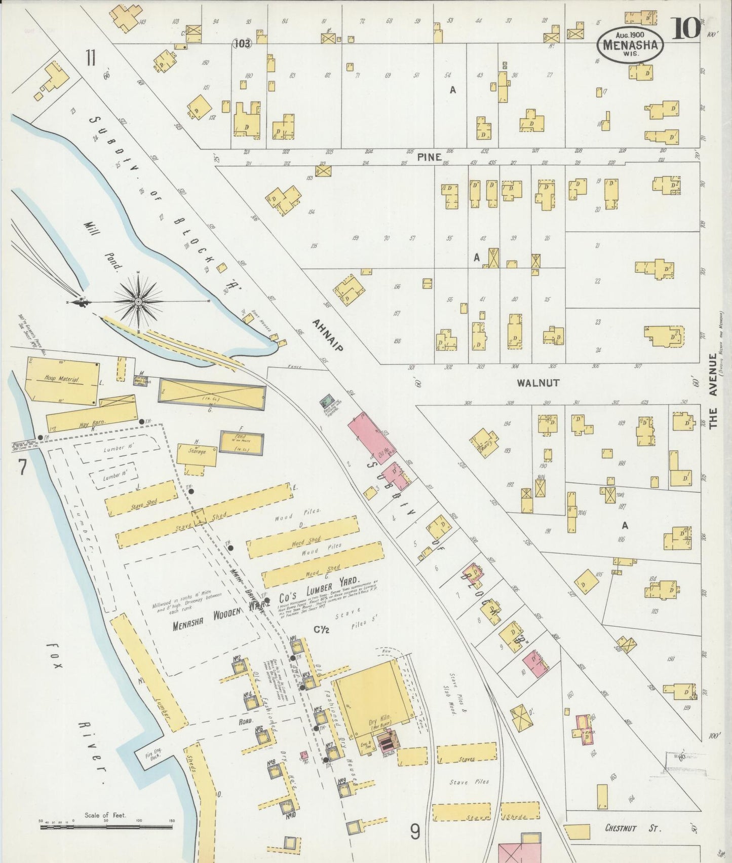 Sanborn Fire Insurance Map from Menasha, Winnebago County, Wisconsin (1900), Sheet #0010 - Historic Sanborn Fire Insurance Map Print, vintage old map wall art, antique decor, genealogy gift, Wisconsin Wisconsin map