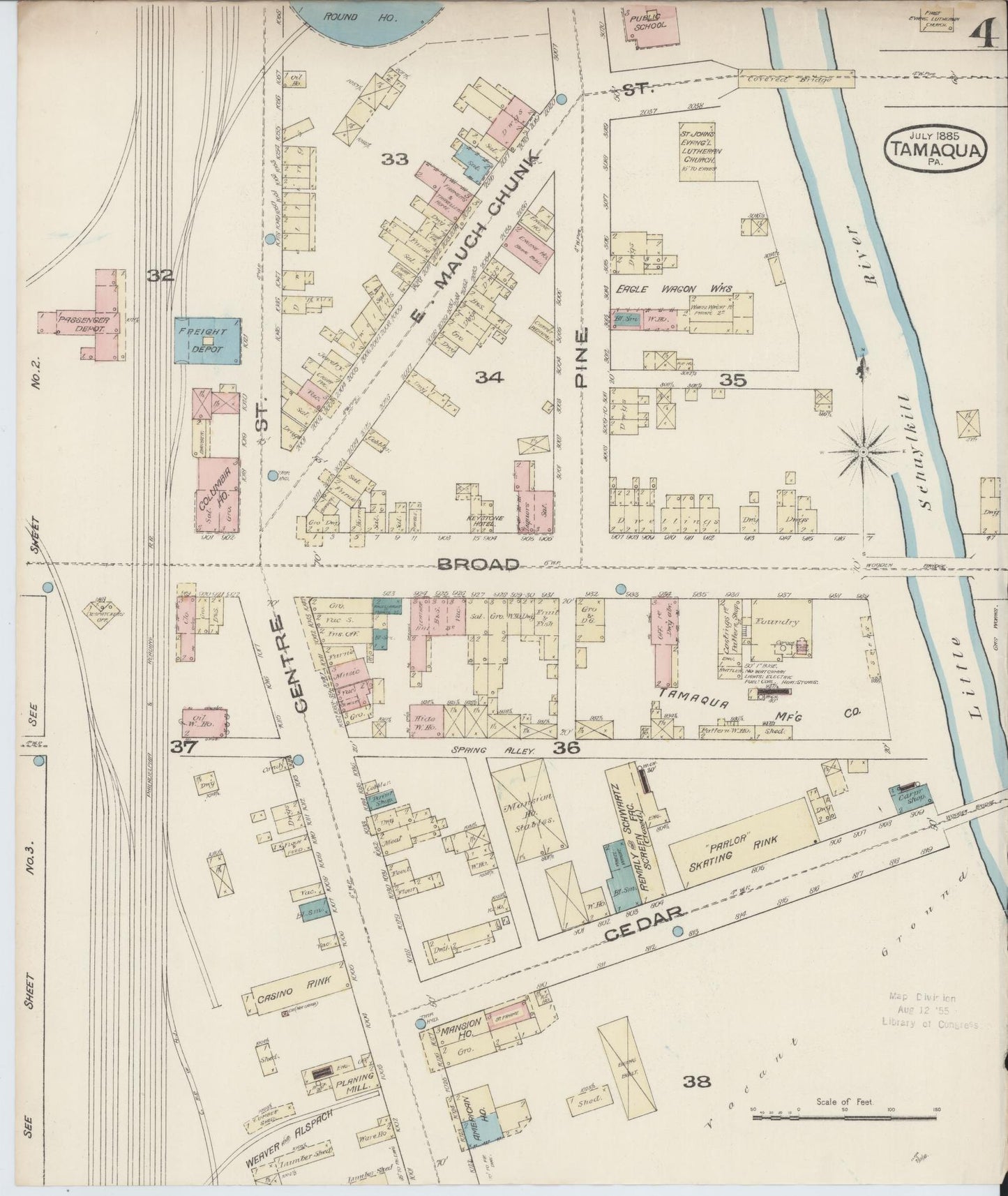 Sanborn Fire Insurance Map from Tamaqua, Schuylkill County, Pennsylvania (1885), Sheet #0004 - Historic Sanborn Fire Insurance Map Print, vintage old map wall art, antique decor, genealogy gift, Pennsylvania Pennsylvania map