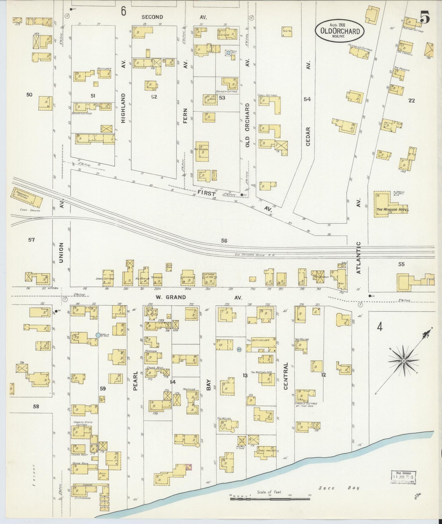 Sanborn Fire Insurance Map from Old Orchard, York County, Maine (1908), Sheet #0005 - Complete Map Set gallery image, historic Sanborn map, vintage wall art, Maine Maine