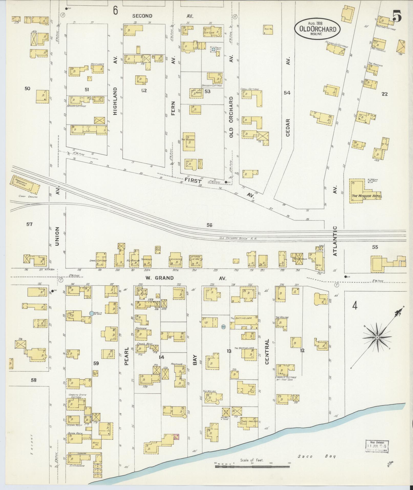 Sanborn Fire Insurance Map from Old Orchard, York County, Maine (1908), Sheet #0005 - Complete Map Set gallery image, historic Sanborn map, vintage wall art, Maine Maine