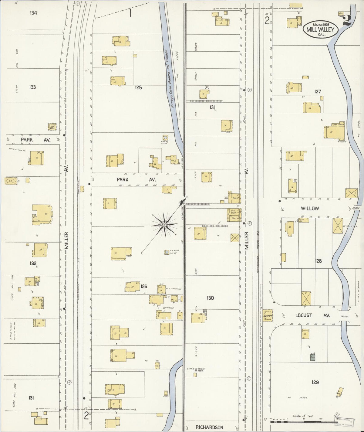 Sanborn Fire Insurance Map from Mill Valley, Marin County, California (1908), Sheet #0002 - Complete Map Set gallery image, historic Sanborn map, vintage wall art, California California
