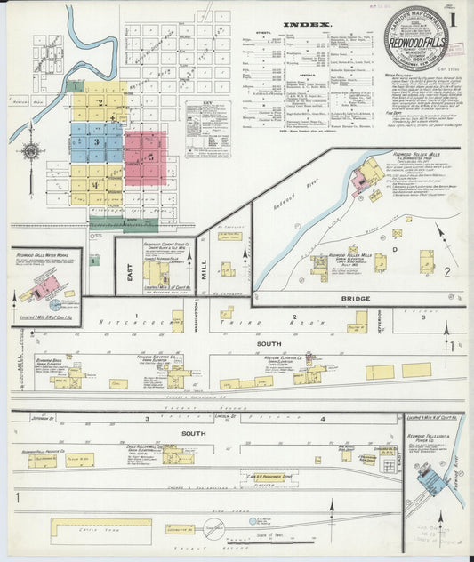 Sanborn Fire Insurance Map from Redwood Falls, Redwood County, Minnesota (1909), Sheet #0001 - Historic Sanborn Fire Insurance Map Print, vintage old map wall art, antique decor, genealogy gift, Minnesota Minnesota map