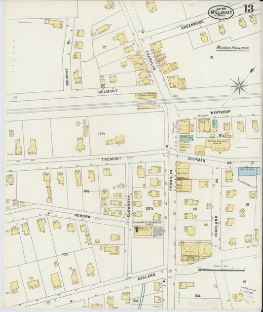 Sanborn Fire Insurance Map from Melrose, Middlesex County, Massachusetts (1897), Sheet #0013 - Historic Sanborn Fire Insurance Map Print, vintage old map wall art, antique decor, genealogy gift, Massachusetts Massachusetts map