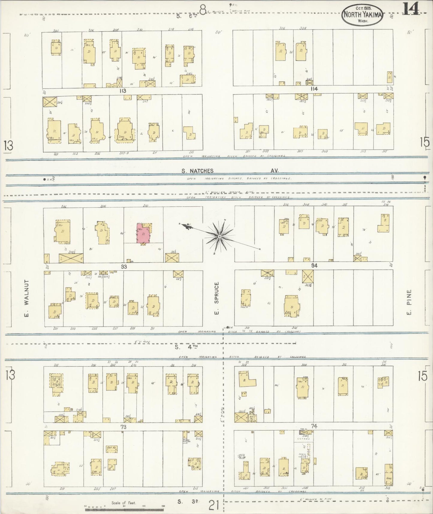 Sanborn Fire Insurance Map from North Yakima, Yakima County, Washington (1905), Sheet #0014 - Historic Sanborn Fire Insurance Map Print, vintage old map wall art, antique decor, genealogy gift, Washington Washington map