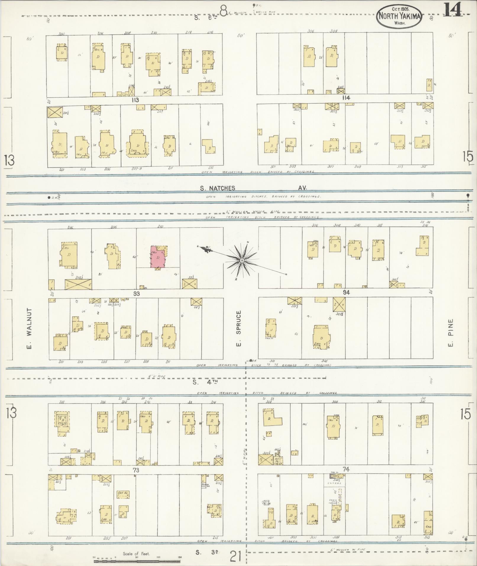 Sanborn Fire Insurance Map from North Yakima, Yakima County, Washington (1905), Sheet #0014 - Historic Sanborn Fire Insurance Map Print, vintage old map wall art, antique decor, genealogy gift, Washington Washington map