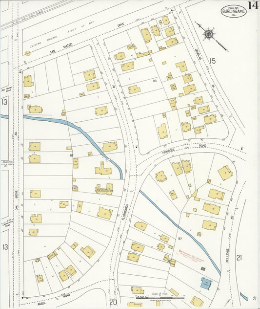 Sanborn Fire Insurance Map from Burlingame, San Mateo County, California (1921), Sheet #0014 - Historic Sanborn Fire Insurance Map Print, vintage old map wall art, antique decor, genealogy gift, California California map