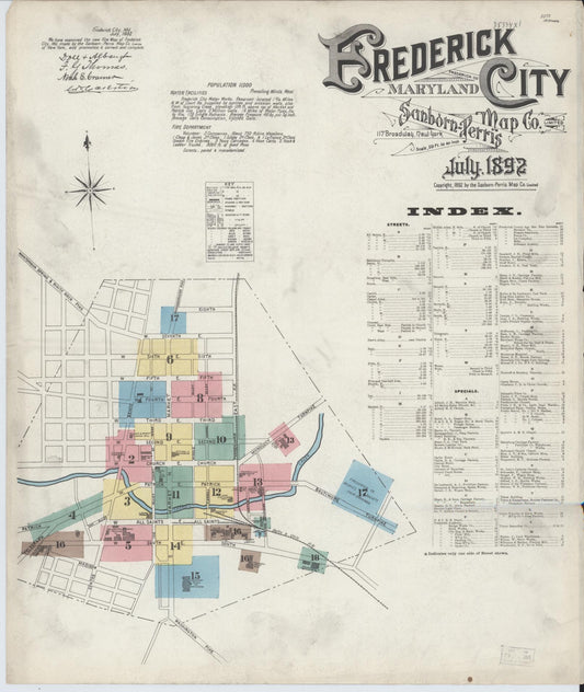 Complete Set - Frederick, Maryland - 1892 - Sanborn Fire Insurance Map (All Sheets) - Complete Set of 18 Sanborn map sheets