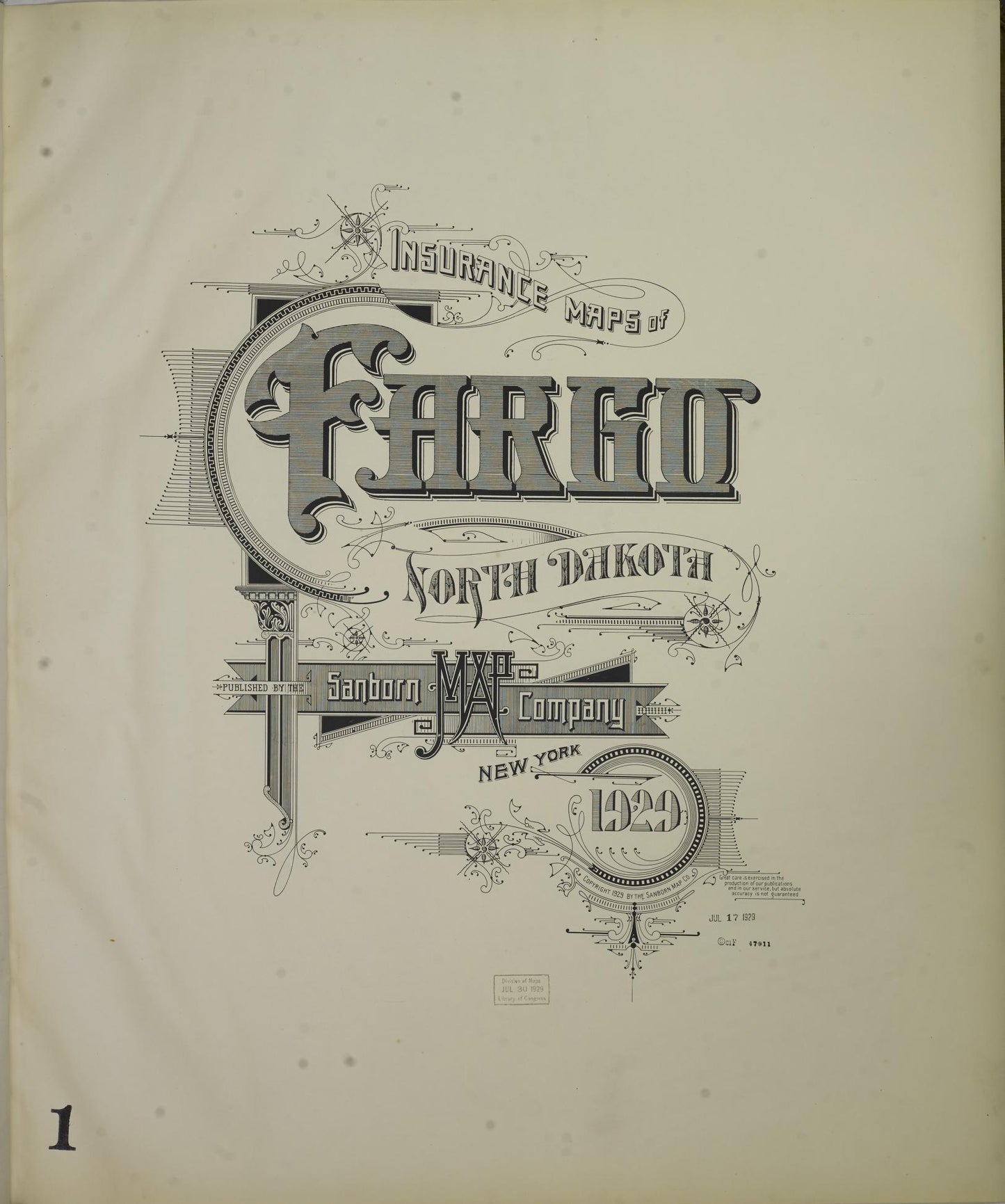Sanborn Fire Insurance Map from Fargo, Cass County, North Dakota (1929), Sheet #0001 - Historic Sanborn Fire Insurance Map Print, vintage old map wall art, antique decor, genealogy gift, North Dakota North Dakota map