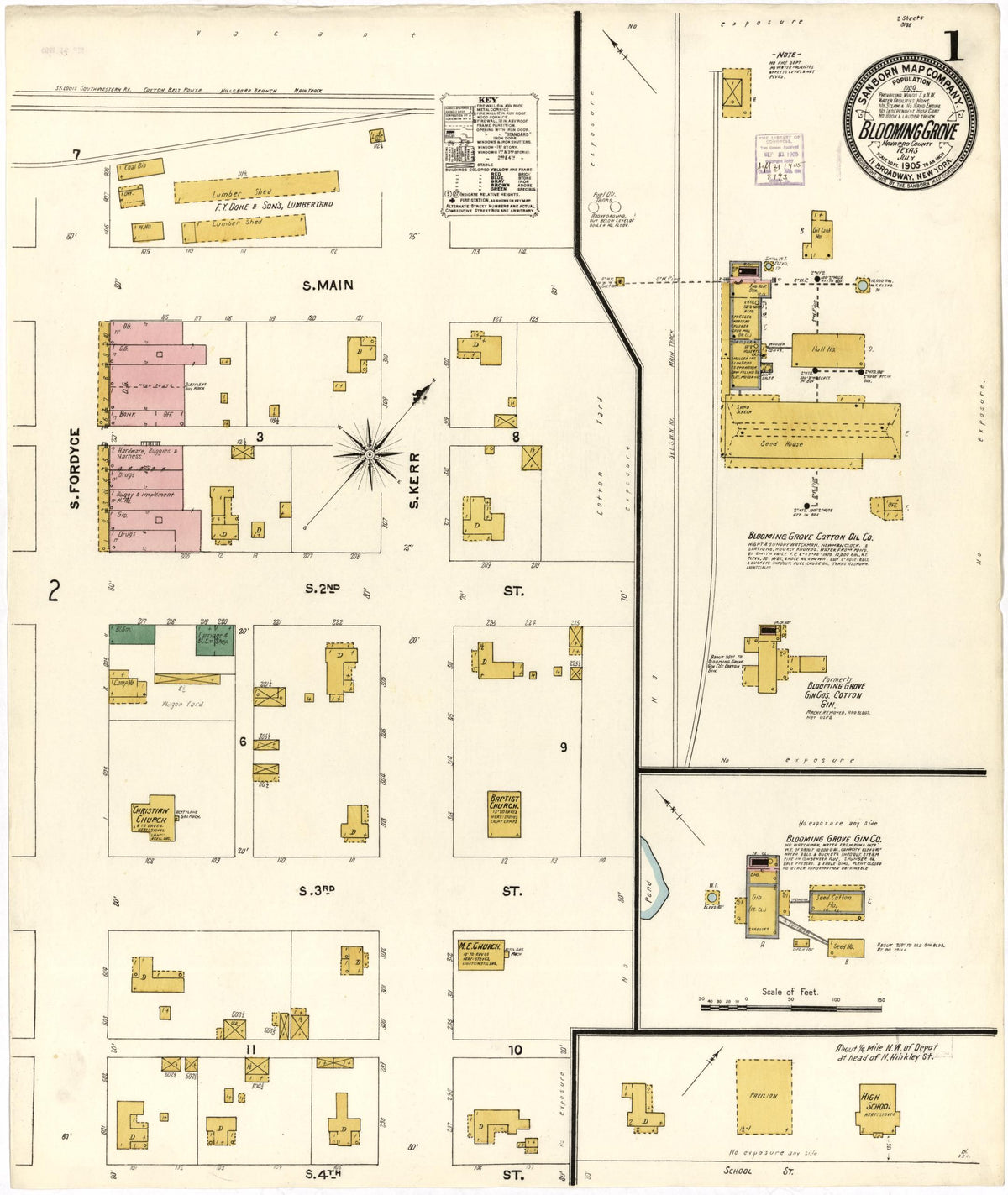 Sanborn Fire Insurance Map from Blooming Grove, Navarro County, Texas (1905), Sheet #0001 - Historic Sanborn Fire Insurance Map Print, vintage old map wall art, antique decor, genealogy gift, Texas Texas map