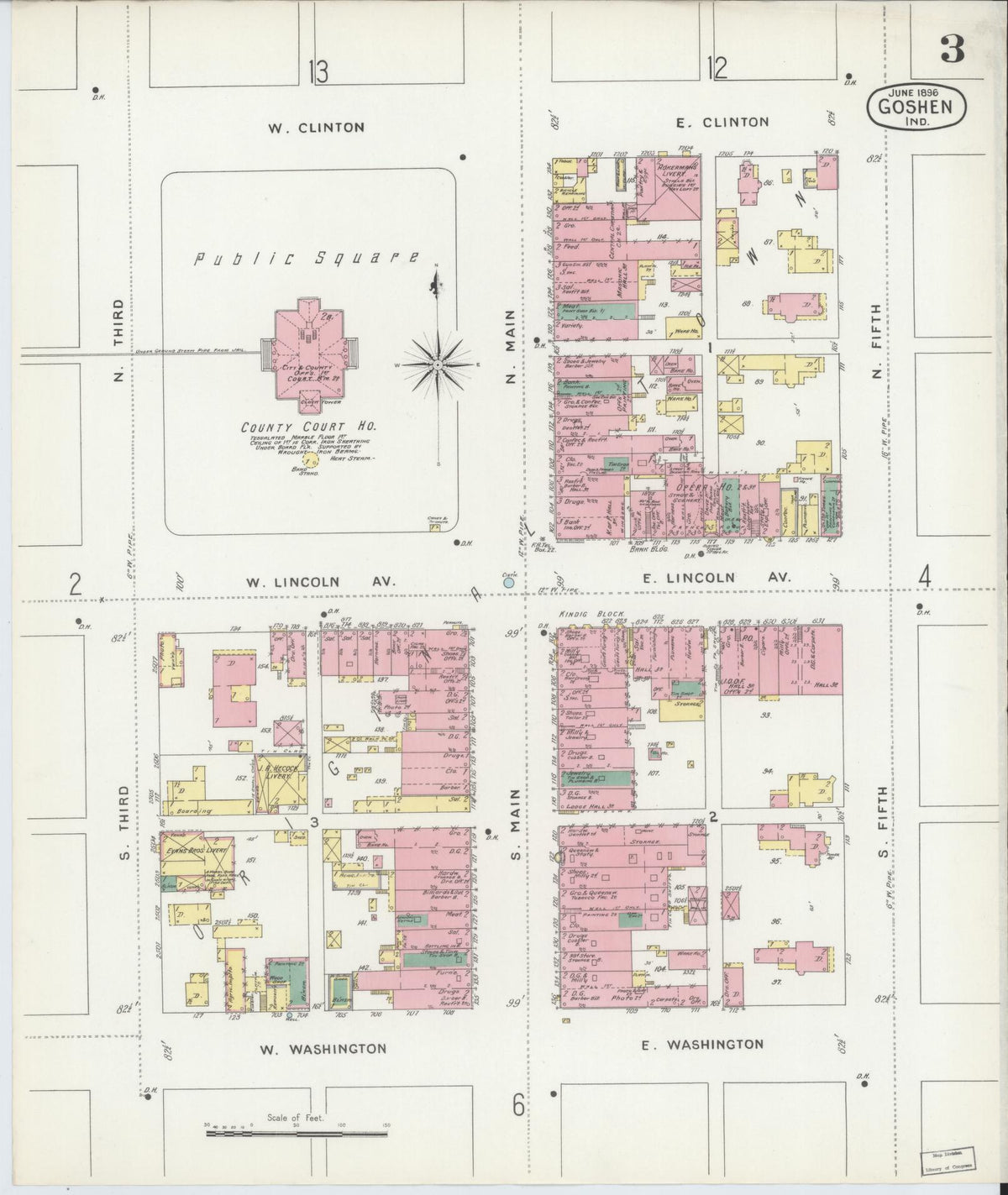 Sanborn Fire Insurance Map from Goshen, Elkhart County, Indiana (1896), Sheet #0003 - Historic Sanborn Fire Insurance Map Print, vintage old map wall art, antique decor, genealogy gift, Indiana Indiana map