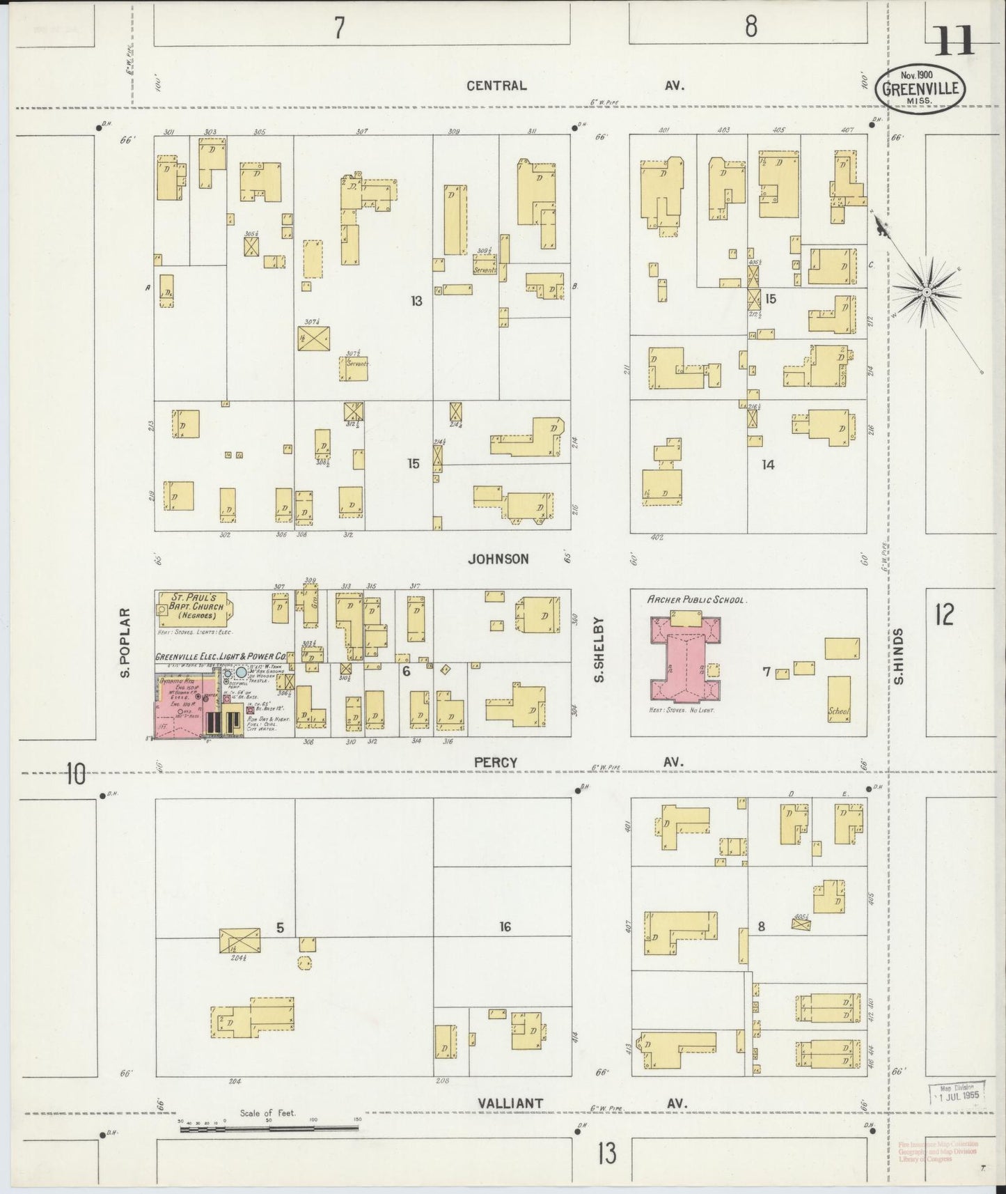 Sanborn Fire Insurance Map from Greenville, Washington County, Mississippi (1900), Sheet #0011 - Complete Map Set gallery image, historic Sanborn map, vintage wall art, Mississippi Mississippi