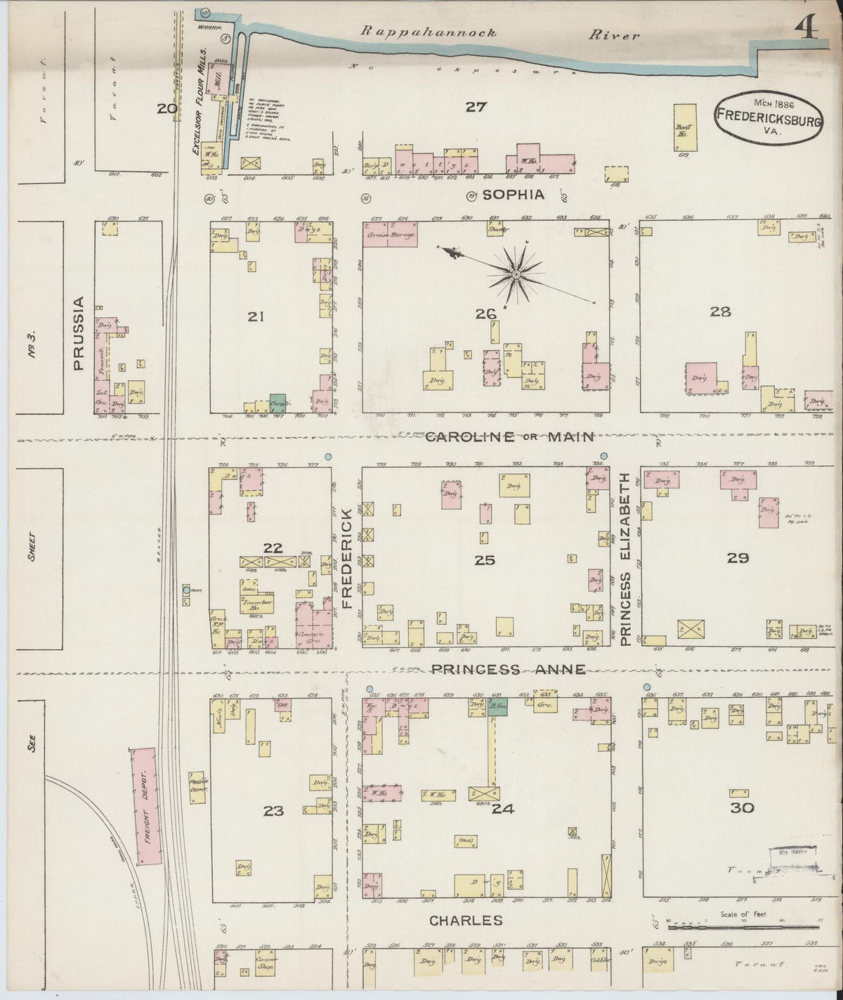 Sanborn Fire Insurance Map from Fredericksburg, Independent Cities, Virginia (1886), Sheet #0004 - Complete Map Set gallery image, historic Sanborn map, vintage wall art, Virginia Virginia