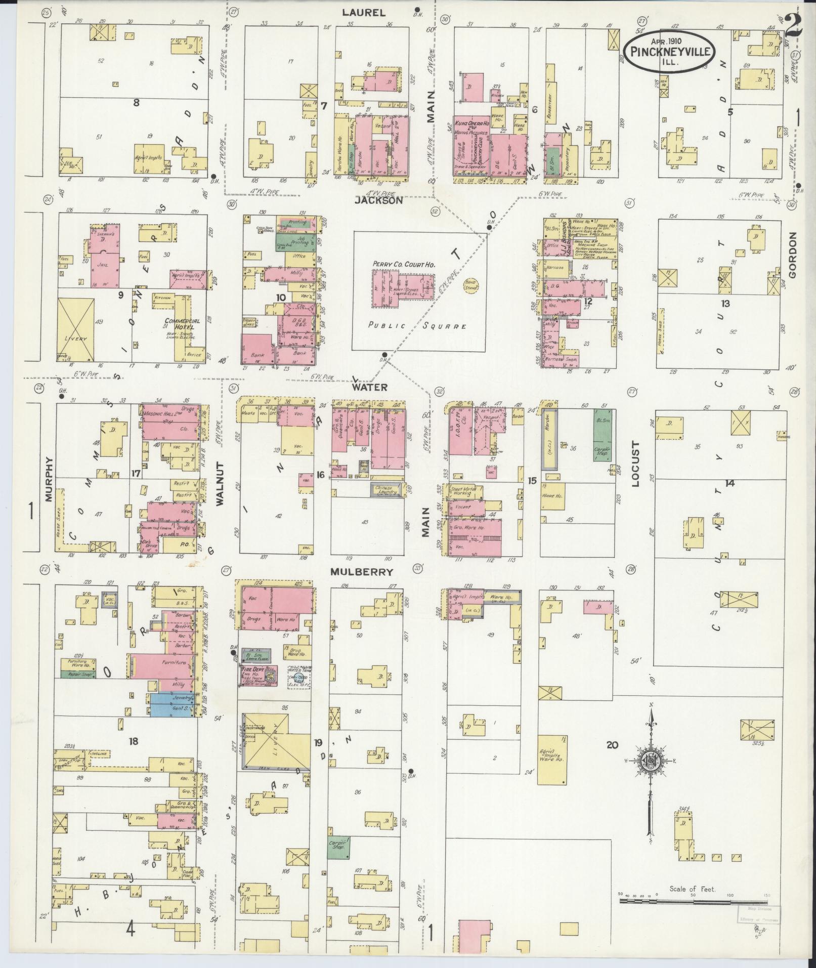 Sanborn Fire Insurance Map from Pinckneyville, Perry County, Illinois (1910), Sheet #0002 - Complete Map Set gallery image, historic Sanborn map, vintage wall art, Illinois Illinois