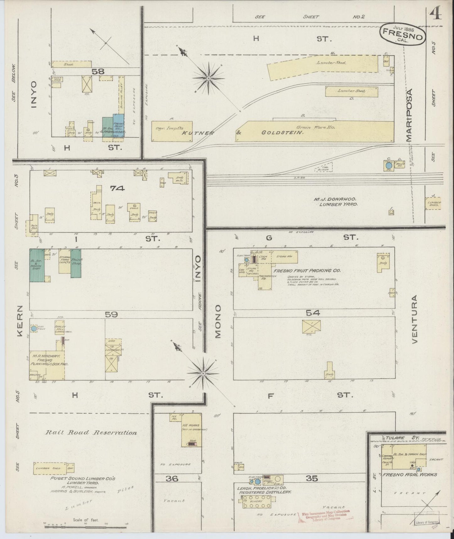 Sanborn Fire Insurance Map from Fresno, Fresno County, California (1885), Sheet #0004 - Historic Sanborn Fire Insurance Map Print, vintage old map wall art, antique decor, genealogy gift, California California map