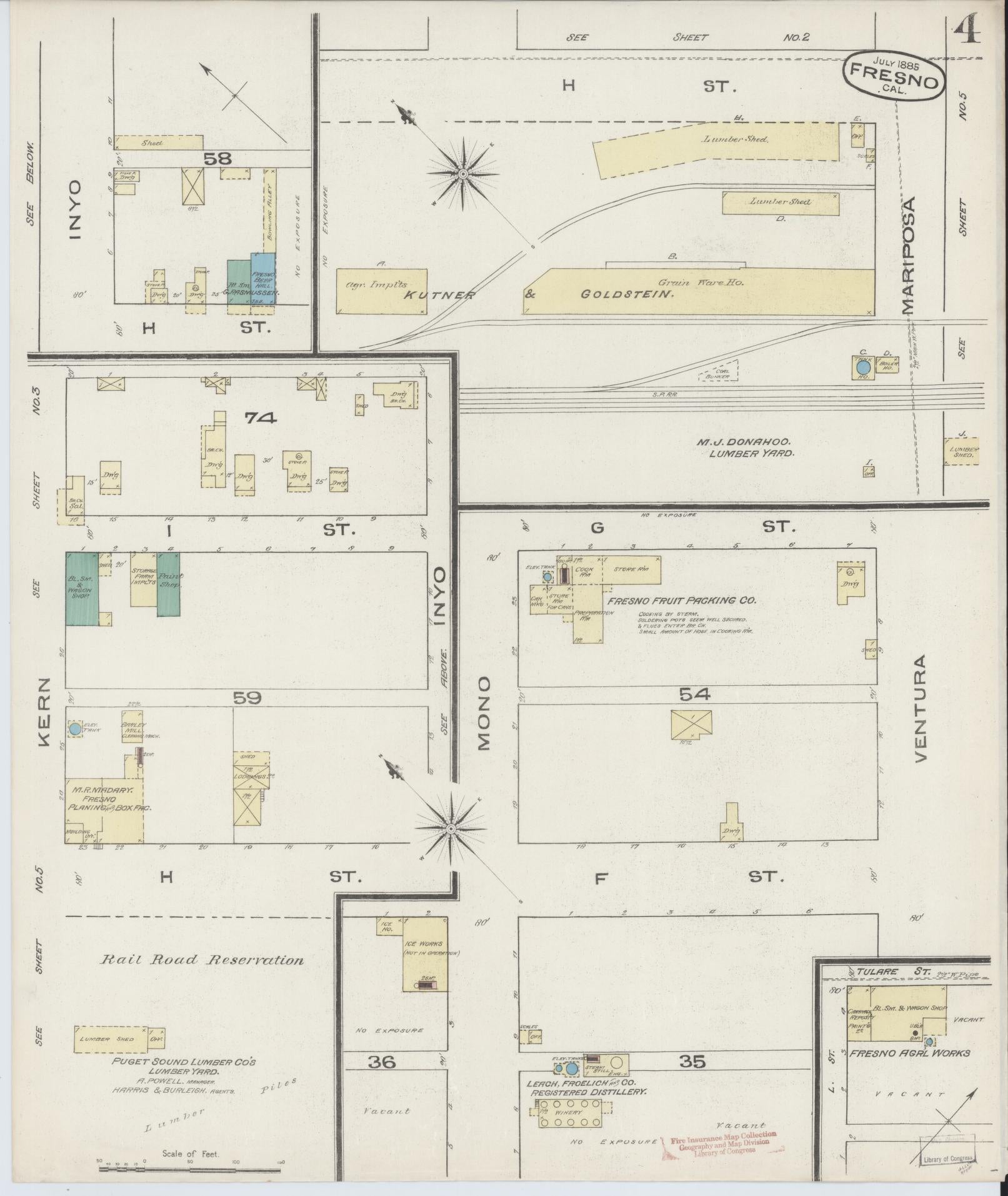 Sanborn Fire Insurance Map from Fresno, Fresno County, California (1885), Sheet #0004 - Historic Sanborn Fire Insurance Map Print, vintage old map wall art, antique decor, genealogy gift, California California map