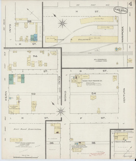 Sanborn Fire Insurance Map from Fresno, Fresno County, California (1885), Sheet #0004 - Historic Sanborn Fire Insurance Map Print, vintage old map wall art, antique decor, genealogy gift, California California map
