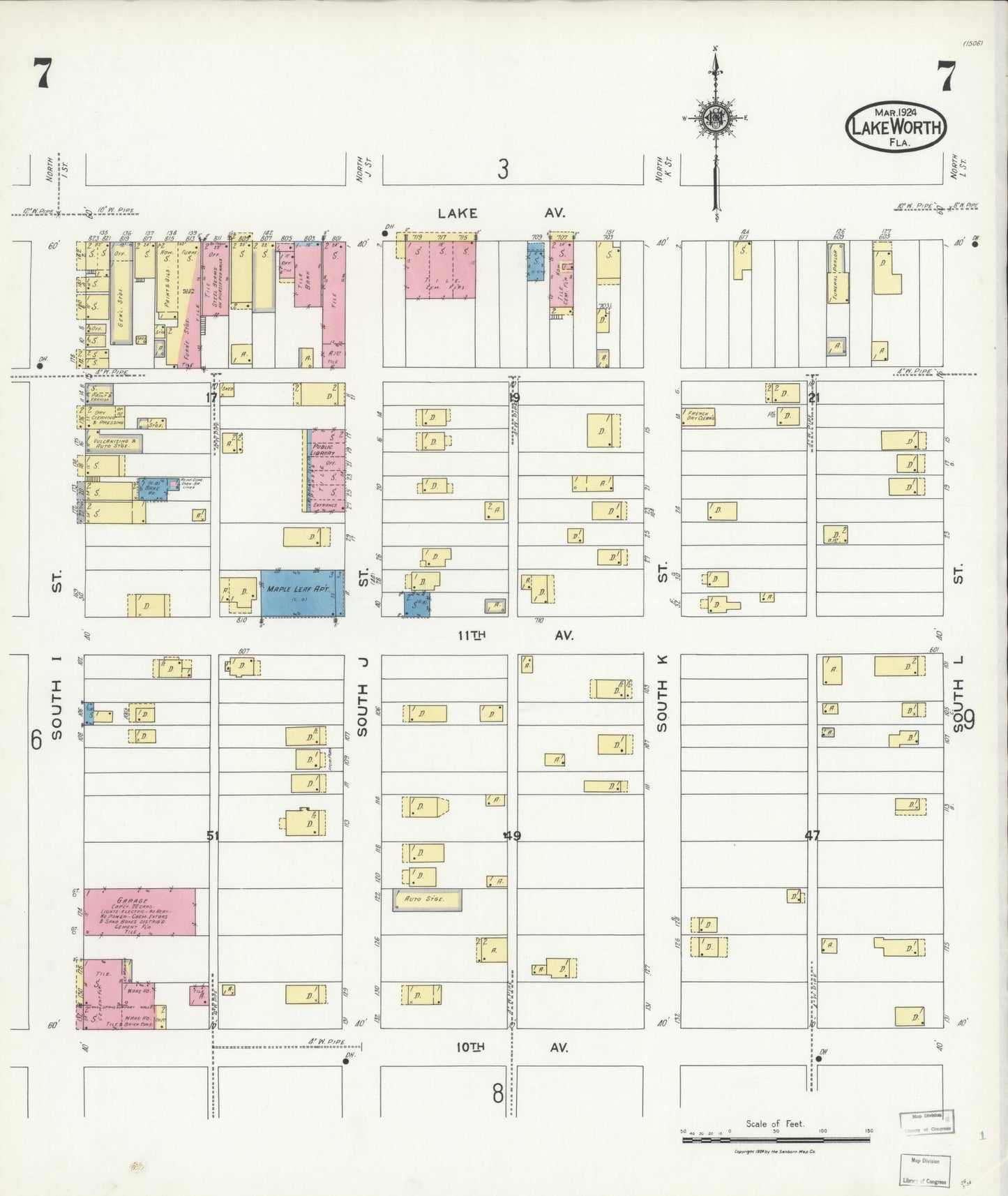 Sanborn Fire Insurance Map from Lake Worth, Palm Beach County, Florida (1924), Sheet #0007 - Complete Map Set gallery image, historic Sanborn map, vintage wall art, Florida Florida