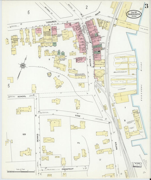 Sanborn Fire Insurance Map from Gardiner, Kennebec County, Maine (1910), Sheet #0003 - Historic Sanborn Fire Insurance Map Print, vintage old map wall art, antique decor, genealogy gift, Maine Maine map