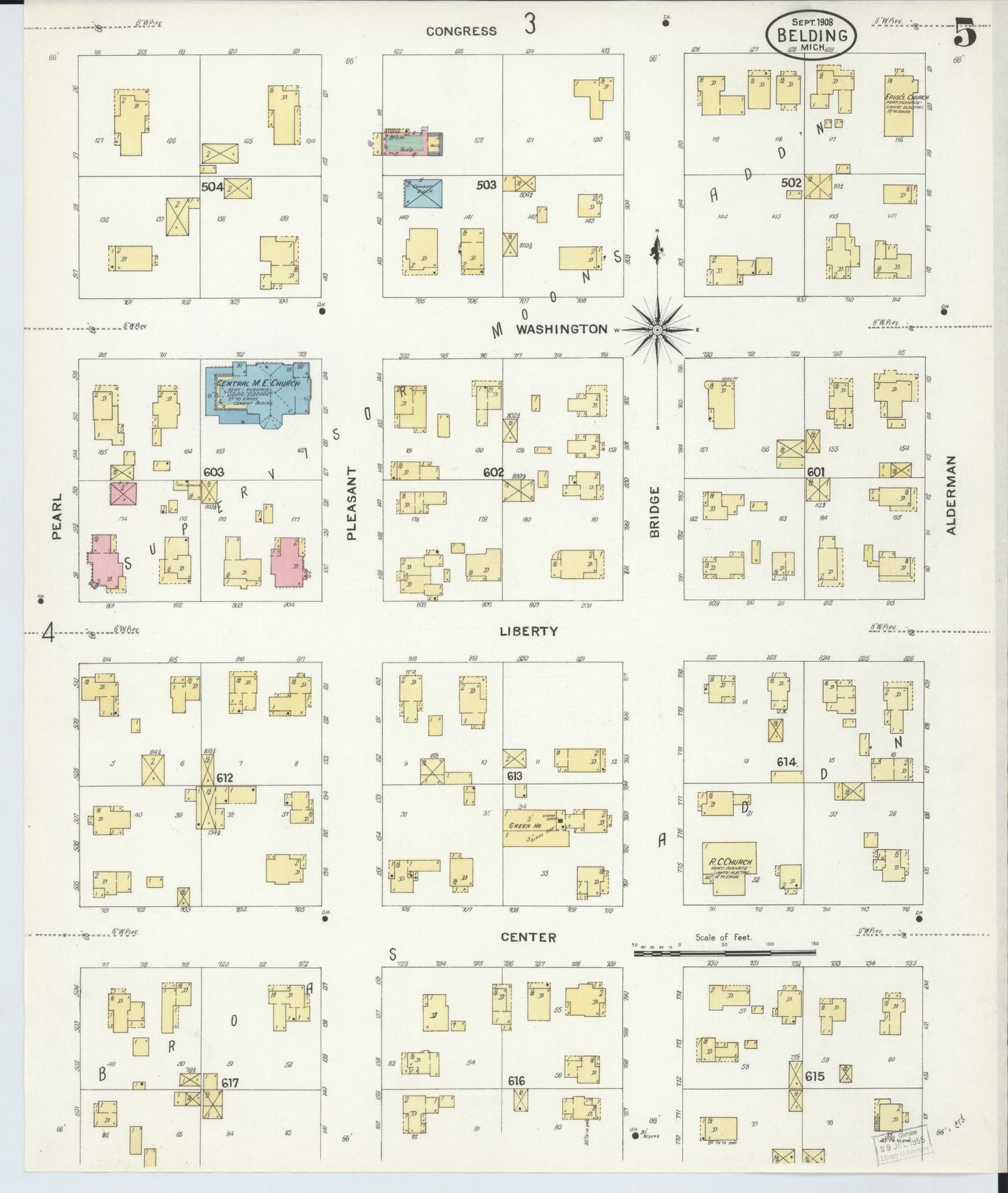 Sanborn Fire Insurance Map from Belding, Ionia County, Michigan (1908), Sheet #0005 - Complete Map Set gallery image, historic Sanborn map, vintage wall art, Michigan Michigan