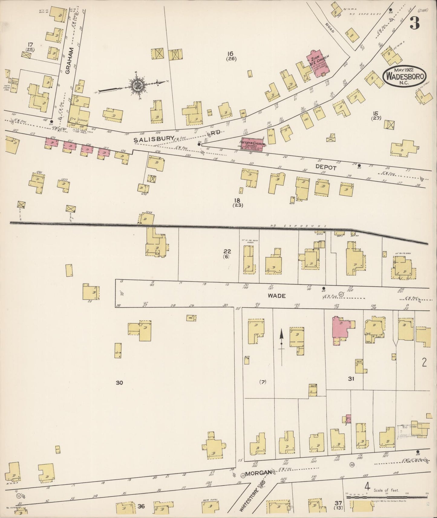 Sanborn Fire Insurance Map from Wadesboro, Anson County, North Carolina (1922), Sheet #0003 - Complete Map Set gallery image, historic Sanborn map, vintage wall art, North Carolina North Carolina
