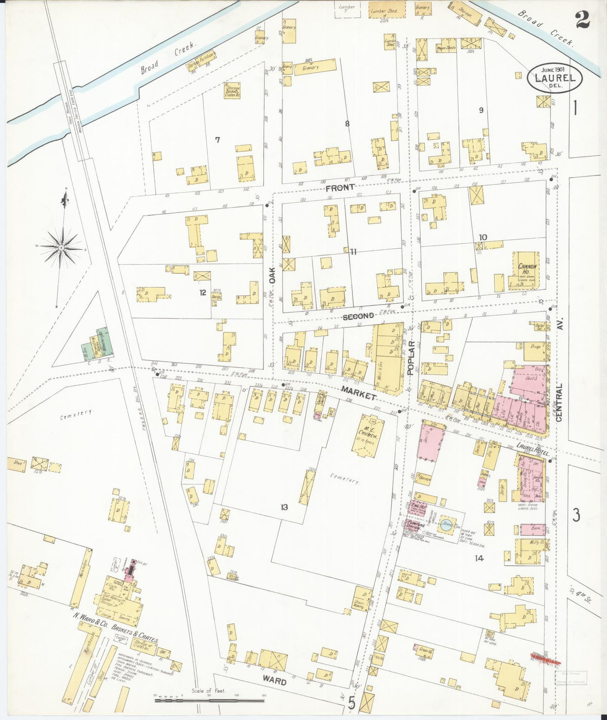 Sanborn Fire Insurance Map from Laurel, Sussex County, Delaware (1901), Sheet #0002 - Historic Sanborn Fire Insurance Map Print, vintage old map wall art, antique decor, genealogy gift, Delaware Delaware map