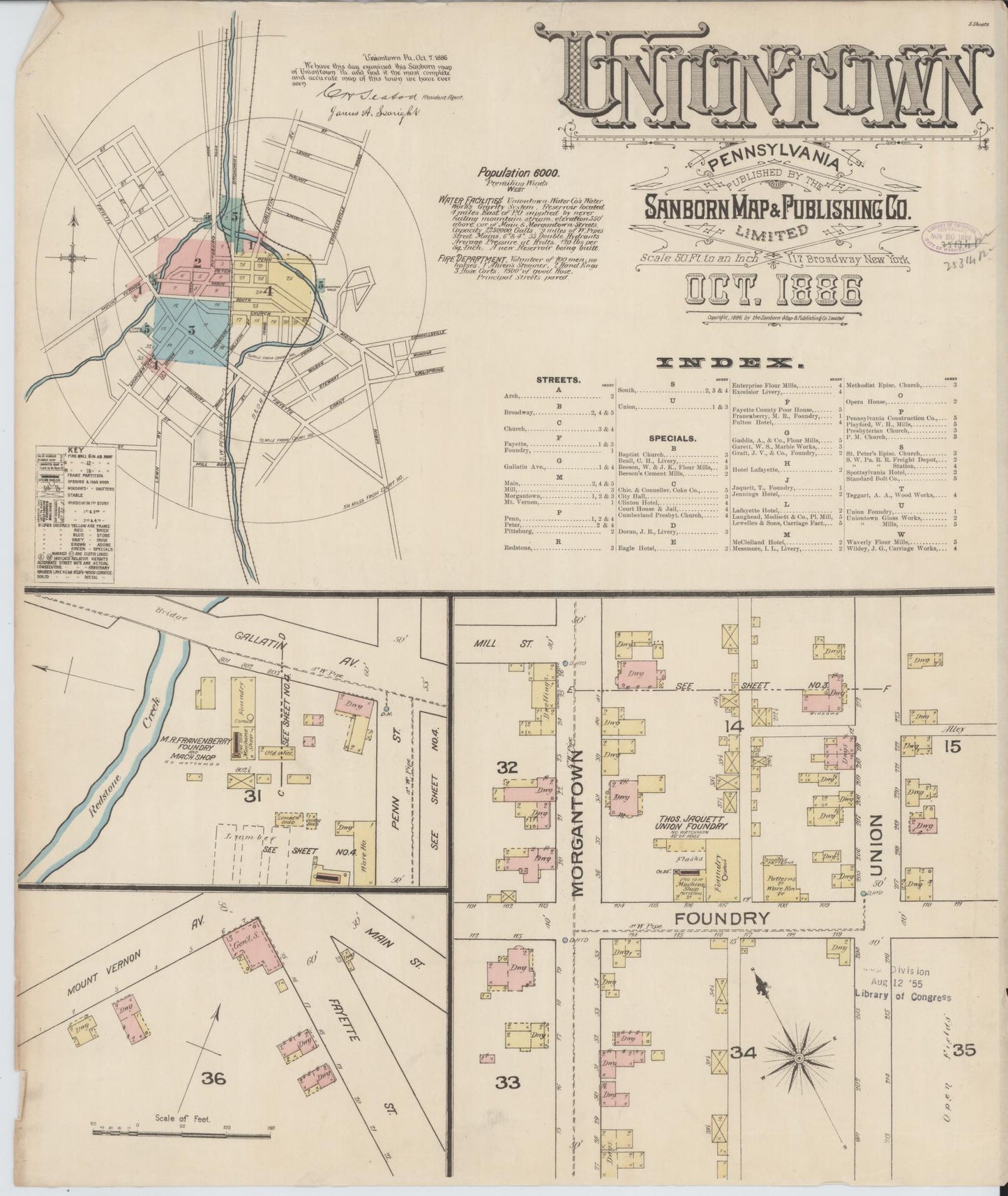 Sanborn Fire Insurance Map from Uniontown, Fayette County, Pennsylvania (1886), Sheet #0001 - Historic Sanborn Fire Insurance Map Print, vintage old map wall art, antique decor, genealogy gift, Pennsylvania Pennsylvania map