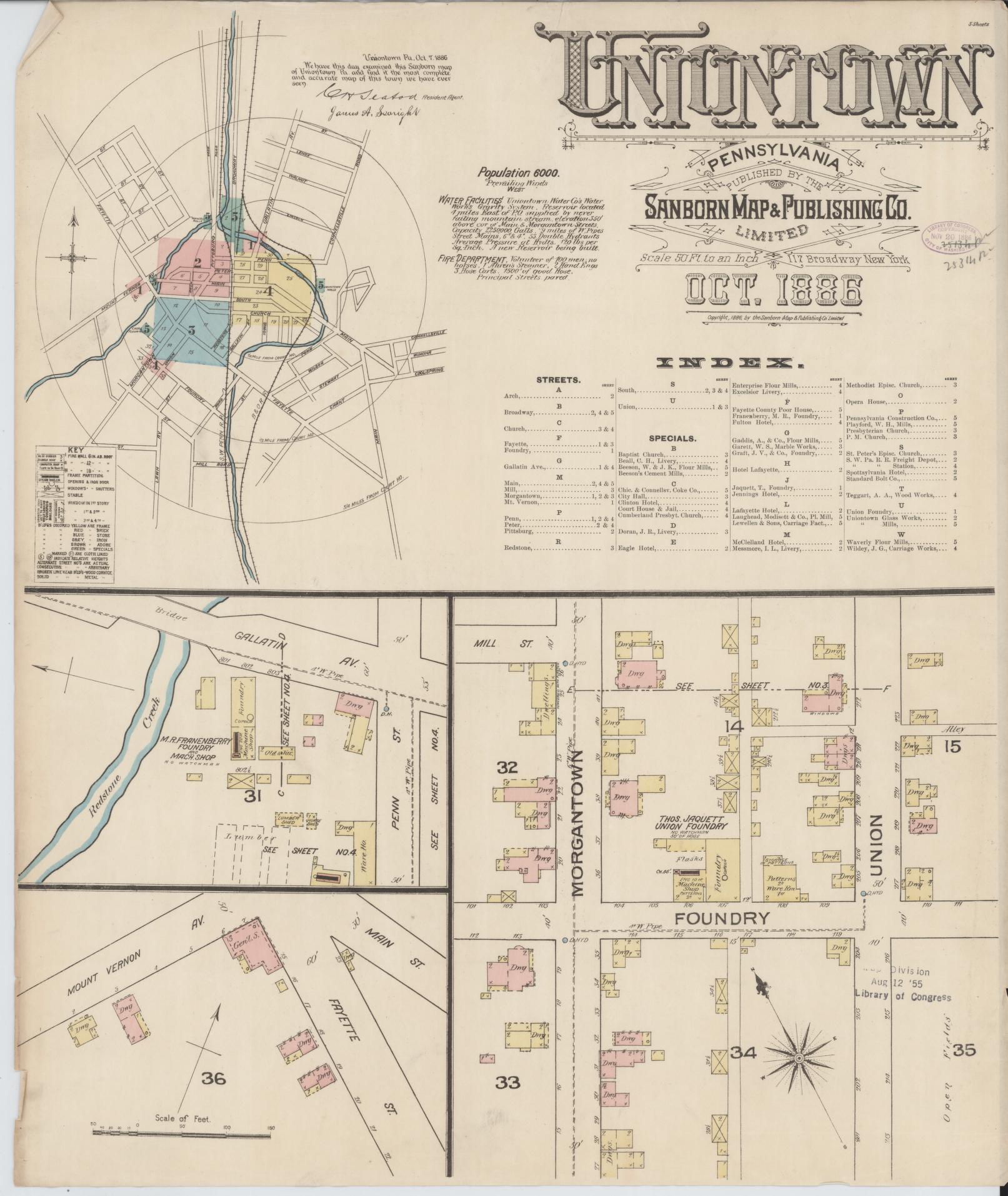 Sanborn Fire Insurance Map from Uniontown, Fayette County, Pennsylvania (1886), Sheet #0001 - Historic Sanborn Fire Insurance Map Print, vintage old map wall art, antique decor, genealogy gift, Pennsylvania Pennsylvania map