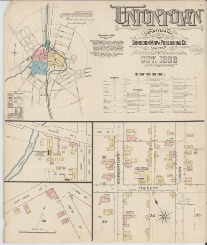 Sanborn Fire Insurance Map from Uniontown, Fayette County, Pennsylvania (1886), Sheet #0001 - Historic Sanborn Fire Insurance Map Print, vintage old map wall art, antique decor, genealogy gift, Pennsylvania Pennsylvania map