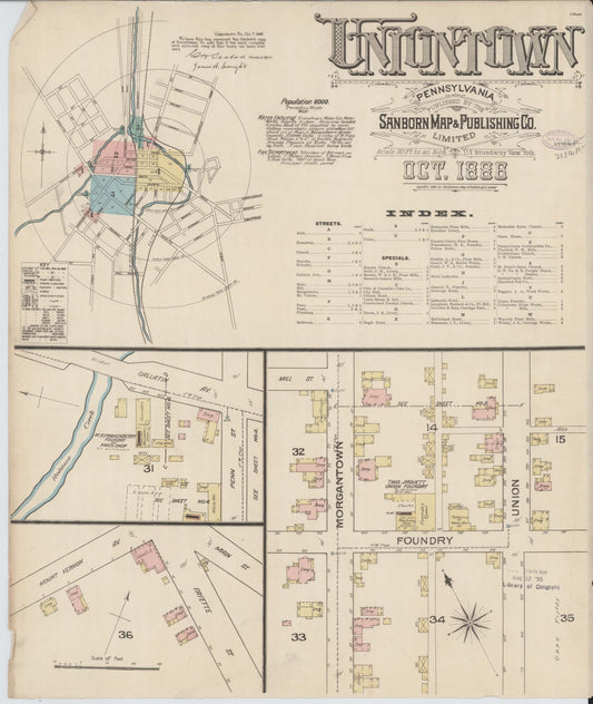 Sanborn Fire Insurance Map from Uniontown, Fayette County, Pennsylvania (1886), Sheet #0001 - Historic Sanborn Fire Insurance Map Print, vintage old map wall art, antique decor, genealogy gift, Pennsylvania Pennsylvania map