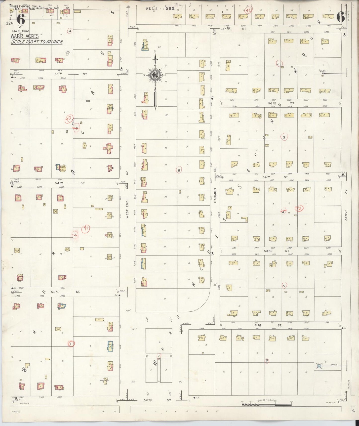 Sanborn Fire Insurance Map from Bethany, Oklahoma County, Oklahoma (1942), Sheet #0006 - Historic Sanborn Fire Insurance Map Print, vintage old map wall art, antique decor, genealogy gift, Bethany Oklahoma map
