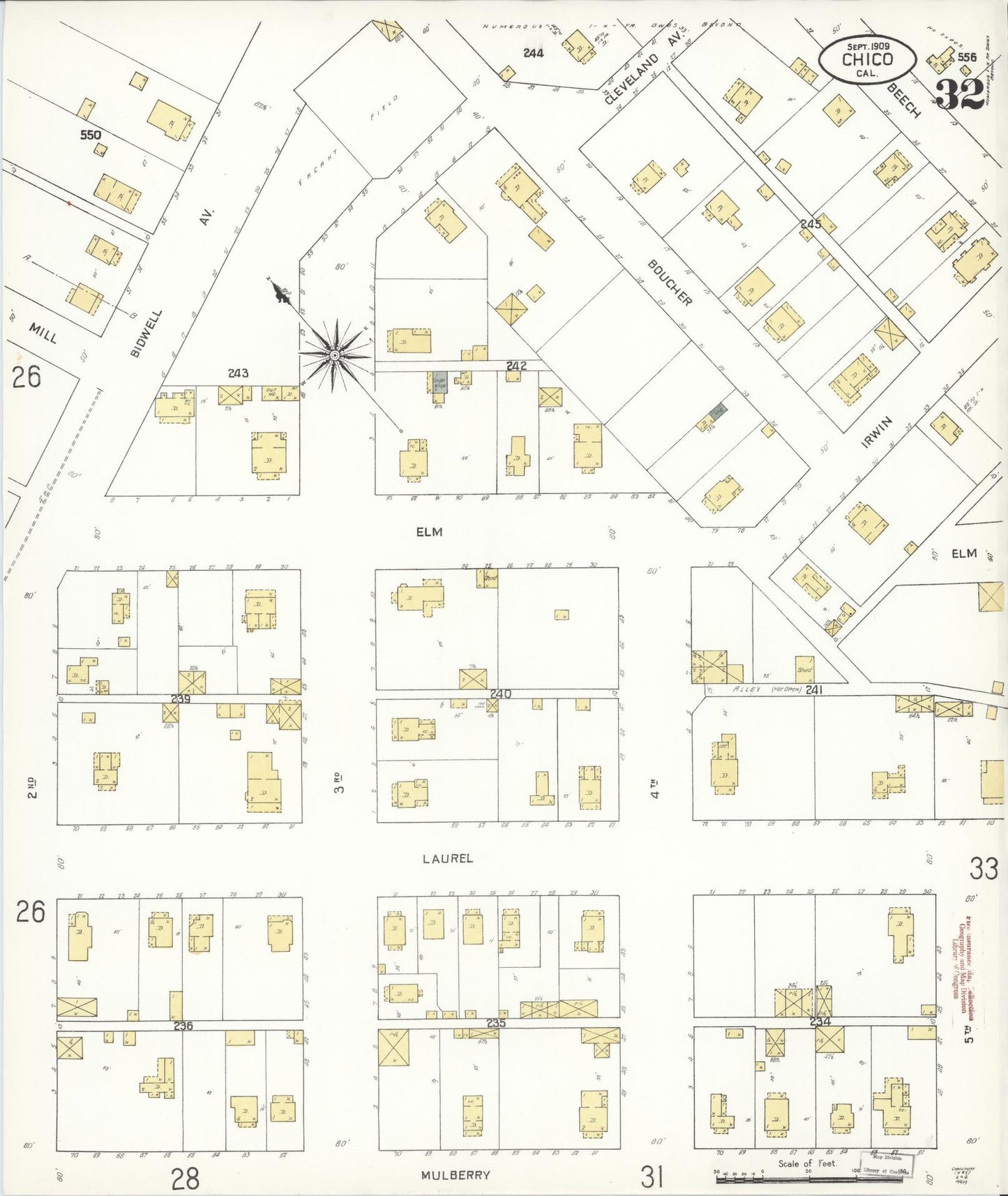 Sanborn Fire Insurance Map from Chico, Butte County, California (1909), Sheet #0032 - Complete Map Set gallery image, historic Sanborn map, vintage wall art, California California