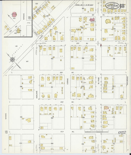 Sanborn Fire Insurance Map from Hattiesburg, Forrest County, Mississippi (1915), Sheet #0018 - Historic Sanborn Fire Insurance Map Print, vintage old map wall art, antique decor, genealogy gift, Mississippi Mississippi map