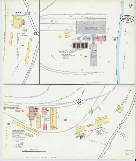 Sanborn Fire Insurance Map from Florence, Lauderdale County, Alabama (1899), Sheet #0009 - Historic Sanborn Fire Insurance Map Print, vintage old map wall art, antique decor, genealogy gift, Alabama Alabama map