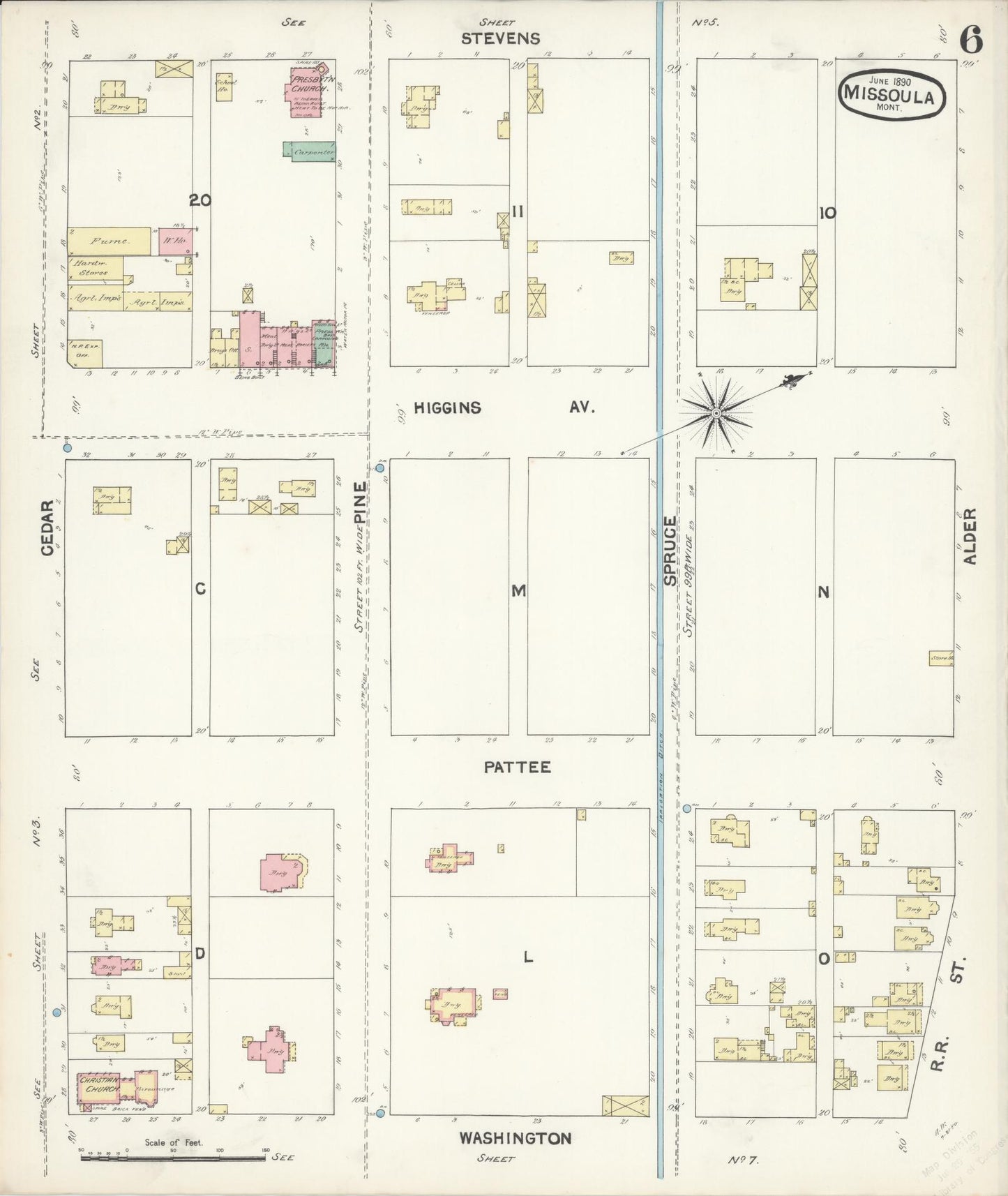 Sanborn Fire Insurance Map from Missoula, Missoula County, Montana (1890), Sheet #0006 - Historic Sanborn Fire Insurance Map Print, vintage old map wall art, antique decor, genealogy gift, Montana Montana map