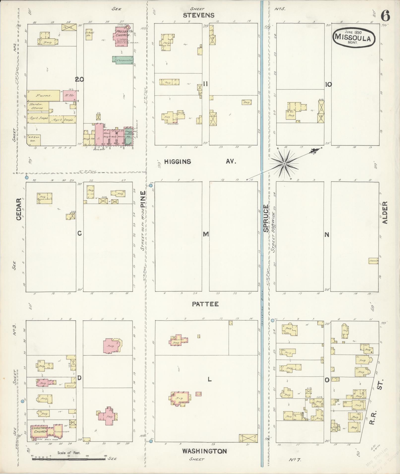 Sanborn Fire Insurance Map from Missoula, Missoula County, Montana (1890), Sheet #0006 - Historic Sanborn Fire Insurance Map Print, vintage old map wall art, antique decor, genealogy gift, Montana Montana map