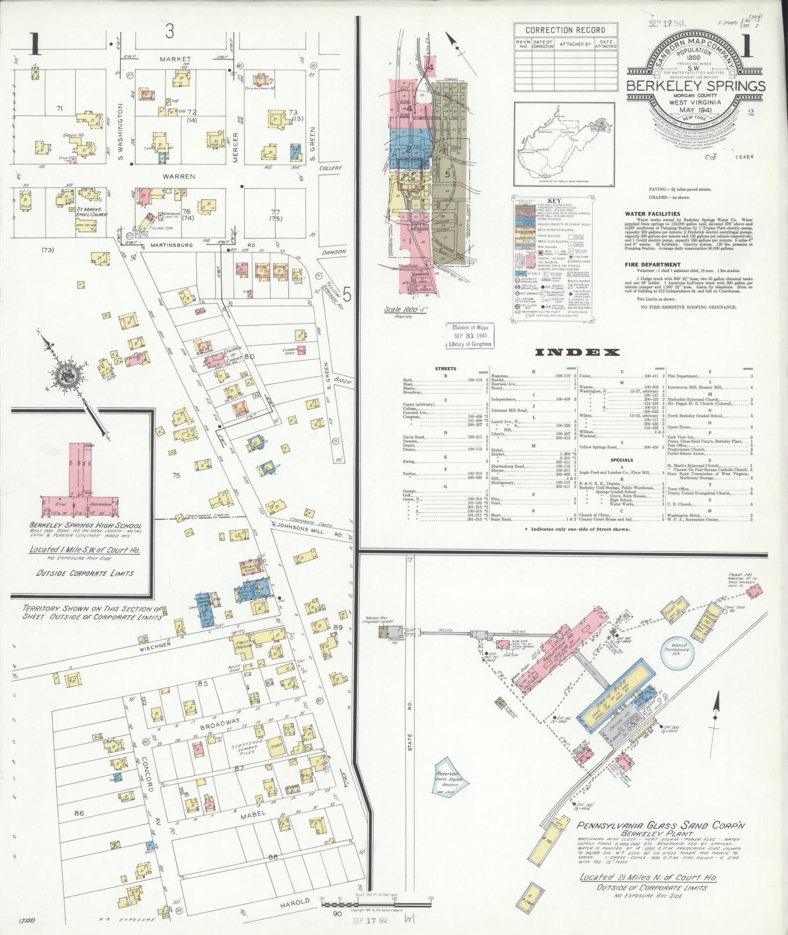 Sanborn Fire Insurance Map from Berkeley Springs, Morgan County, West Virginia. (1941) – Historic Sanborn Fire Insurance Map Print